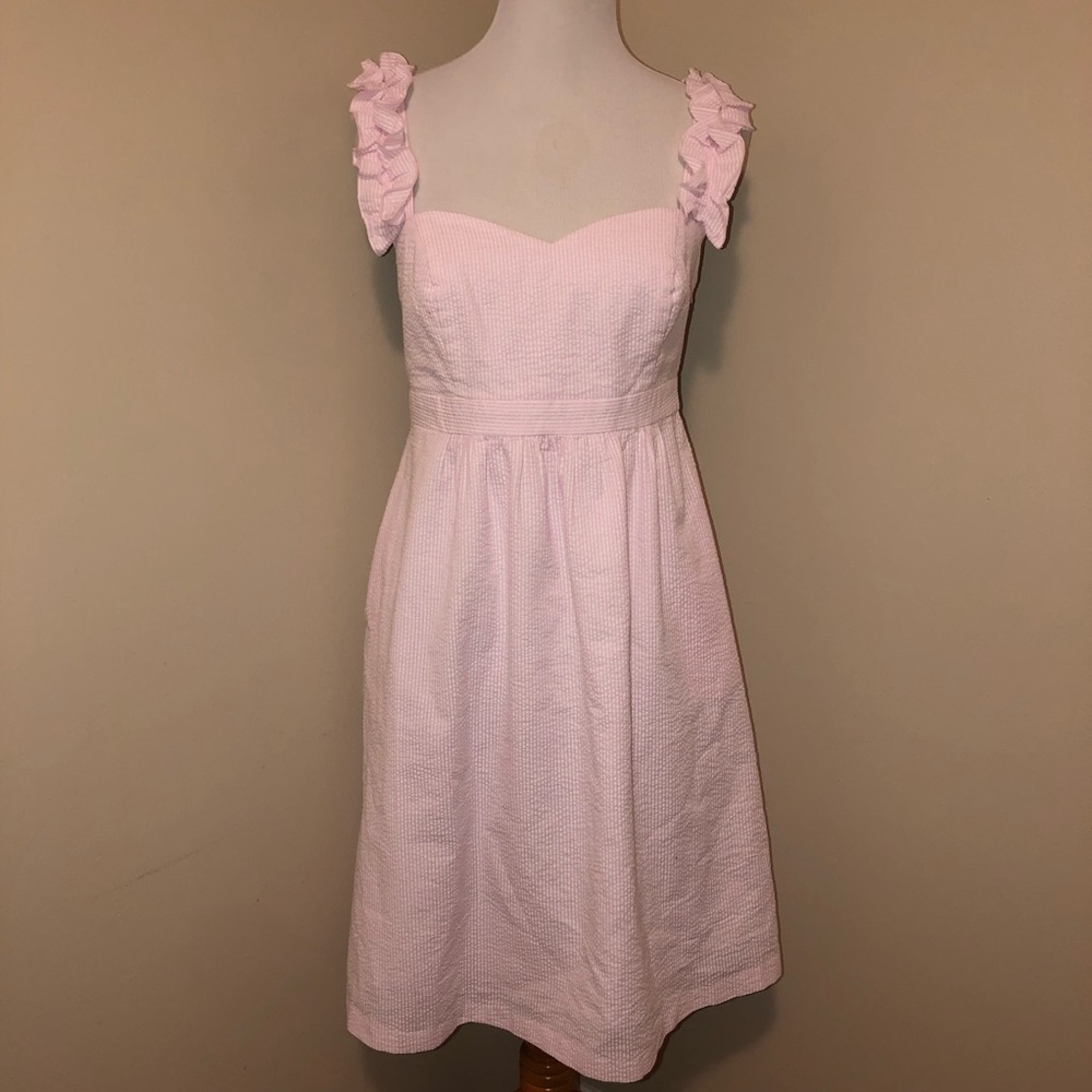 LulaKate Seersucker Pink/White Stripped Flutter Strapped Midi Dress,Size-6